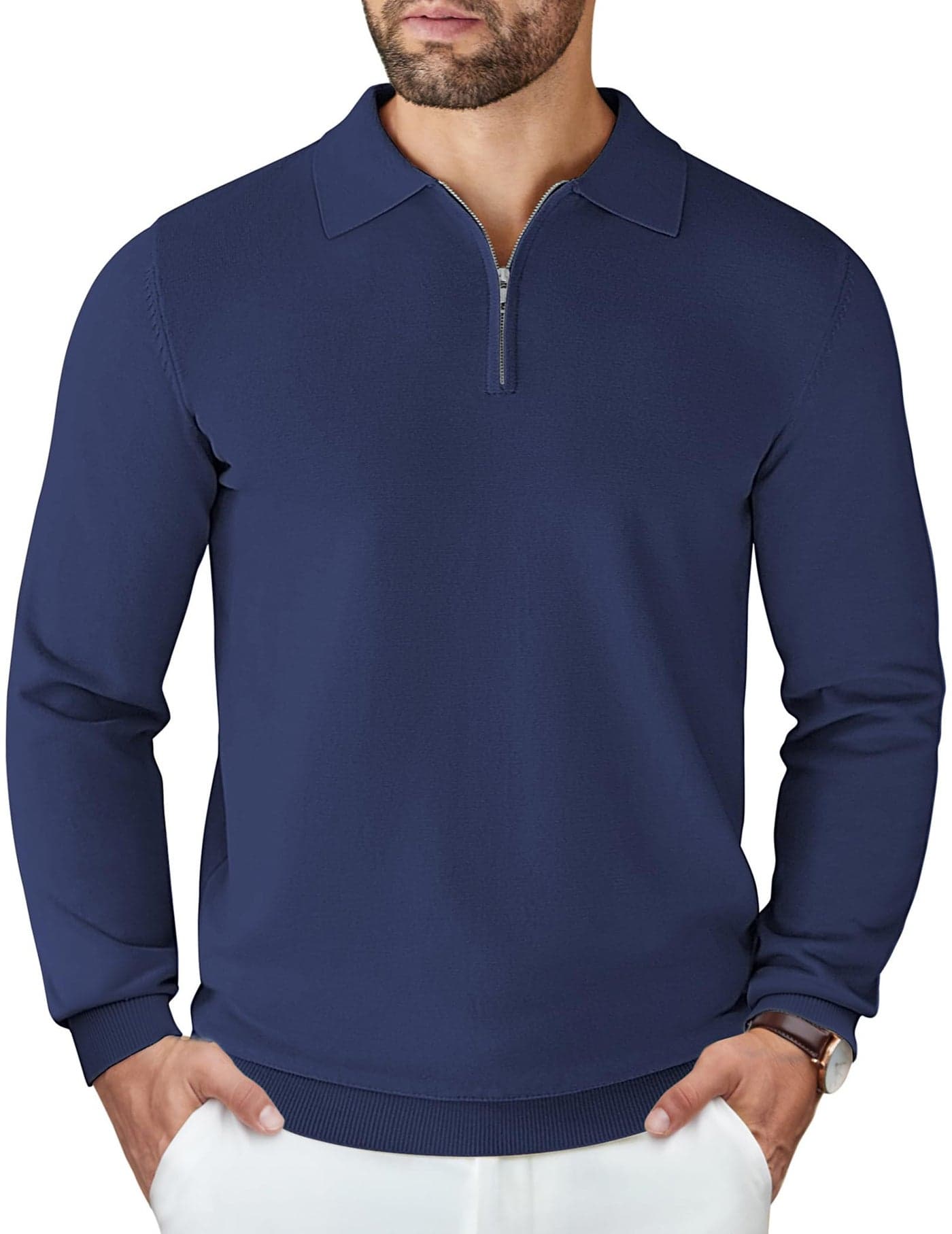 COOFANDY Mens Knit Polo Sweater Casual Long Sleeve Quarter Zip Polo Sweater Classic Golf Shirts Navy Blue