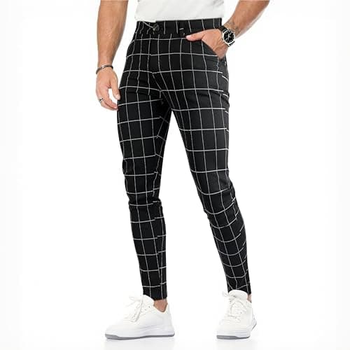 GINGTTO Men Chino Pants Slim Fit Casual Slacks for Men Skinny Twill Pants Black Plaid 30