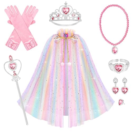 Hapgo 10 Pieces Princess Cape Set Dress up Clothes for Little Girls Party Cosplay Cloak with Jewelry Tiara Crown Wand Gloves