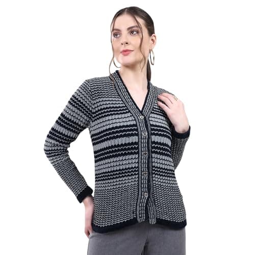 Monte Carlo Women Regular Fit V Neck Striped Button Closure Full Sleeve Cardigan | Warm Winter wear | Cozy Knitted Sweater | Casual Layering Outfit | Winter Cardigan for Women's Navy Blue XXL