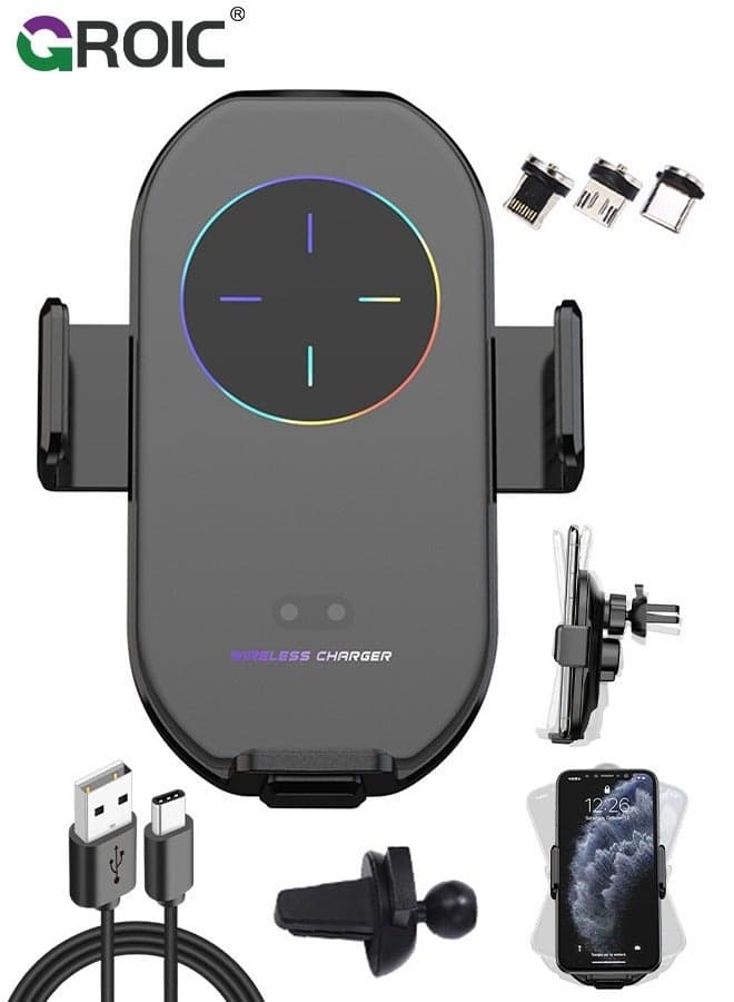 Wireless Car Charger Phone Mount, auto Clamping arms, Holder 15W, for I phone15,14,13,12,Galaxy s23,22,21,20 with Magnetic Port Chargers, Safe air Vent Connection, Compatible Thick Cases