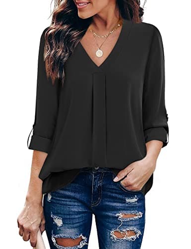 Youtalia Tunic Tops for Leggings for Women, 3/4 Sleeve Solid V Neck Casual Fitted Chiffon Blouse (XX-Large, Black)