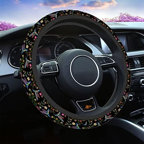 Swono Hummingbirds and Flower Car Steering Wheel Covers for Men Women,Hummingbirds Flowers Embroidery Car Accessories Decor 15" Steering Wheel Cushions Comfort Grip Neoprene Stretch-On Anti-Slip Case