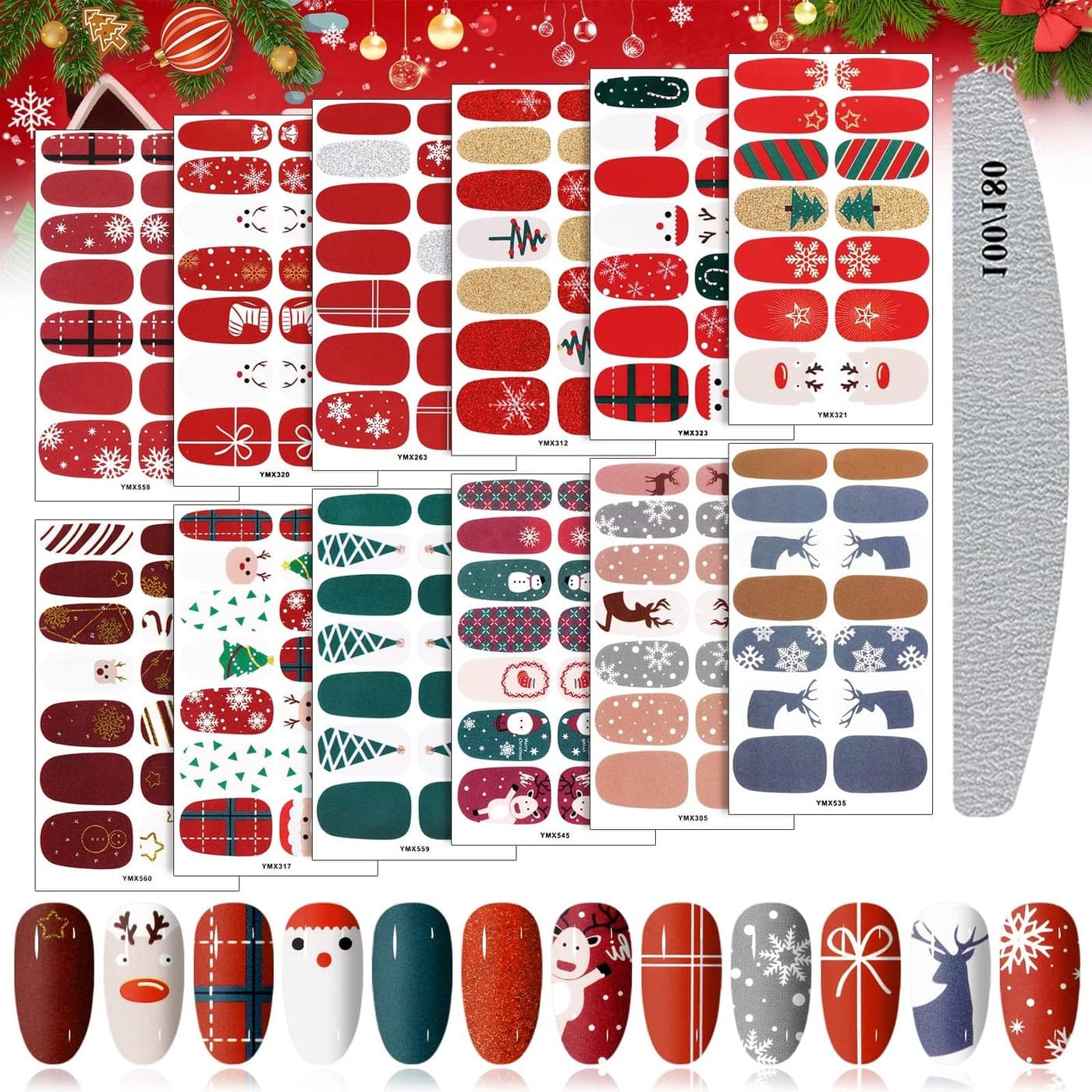 Kalolary 12 Sheets Christmas Nail Polish Strips Stickers Christmas Full Nail Wrap Stickers SelfAdhesive Snowflake Snowman Christmas Tree Deer Nail Polish Sticker with Nail File