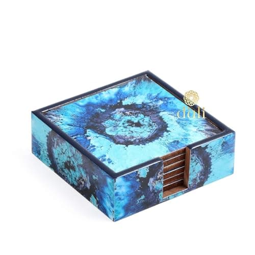 DULI Set of 6 MDF Wood Enamel Work Tea Coasters with Stand (10 * 10 cm) (Blue Drops)