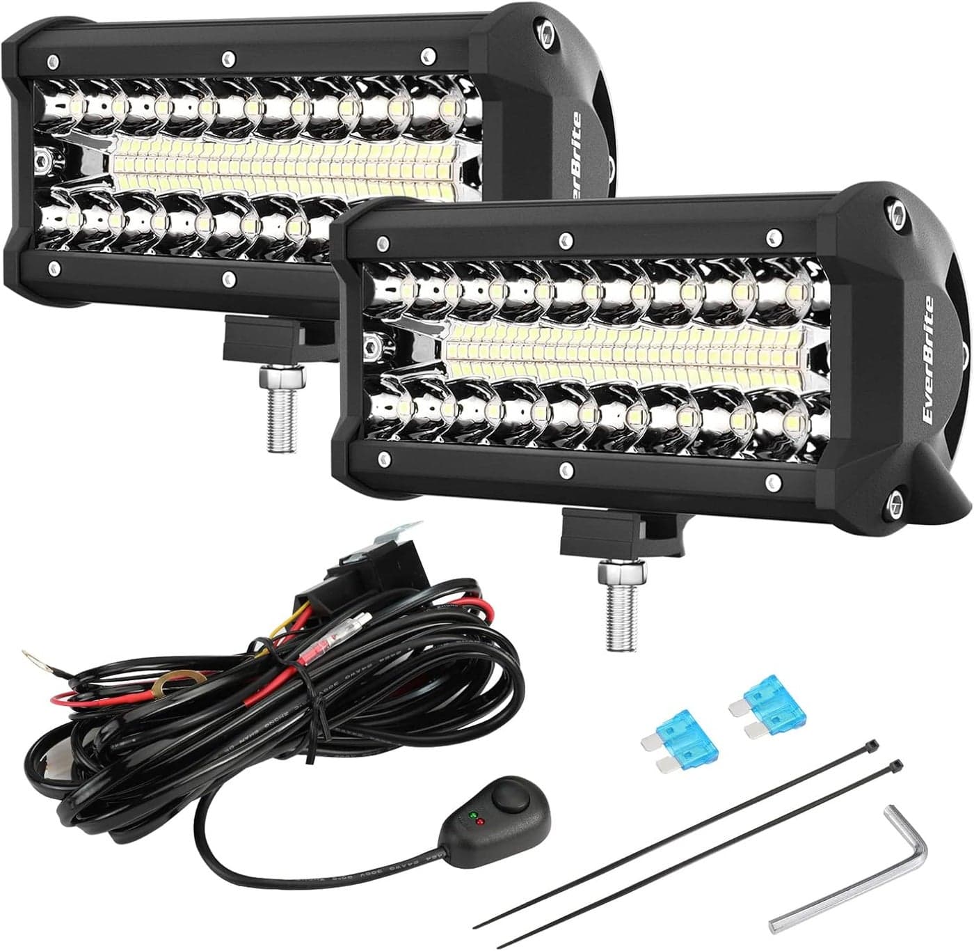 EverBrite 2PCS 7 Inch 150W LED Light Bar - Spot Flood Off Road Fog Driving Work Light with Wiring Harness Kit