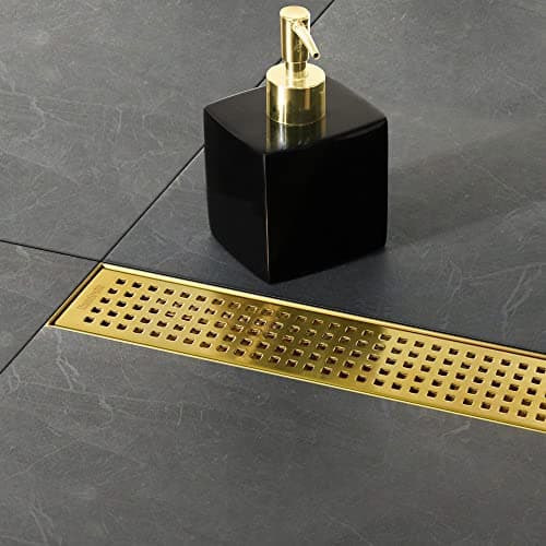 Neodrain 24Inch Brushed Brass Linear Shower Drain with Removable Quadrato Pattern GrateProfessional 304 Stainless Steel Gold Rectangle Shower Floor Drain ManufacturerLinear Drainwith Hair Strainer