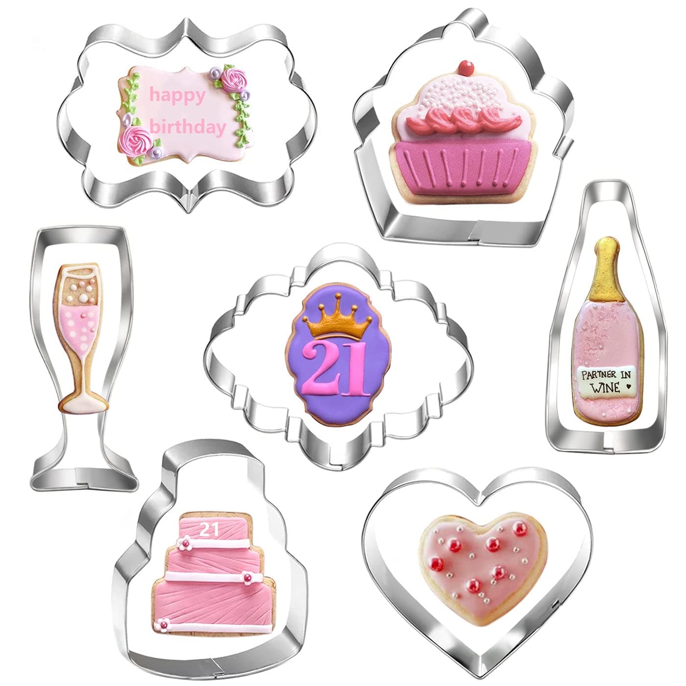 LUBTOSMN Celebration Cookie Cutter Set7 PieceCake Heart Cupcake Champagne Wine Bottle Plaque Cookie Cutter Mold for Birthday Wedding Anniversay Bridal Shower Engagement Cookie Cutters