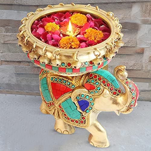 ARTVARKO Brass Multicolor Elephant Urli Decorative Urli Bowl for Flowers - Handcrafted Round Floating Floral Candles Bowl for Home, Office, Living Room Decor Gift