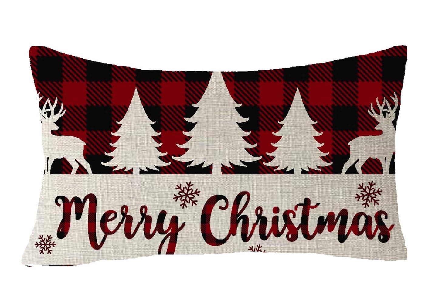 FELENIW Classic Retro Christmas Red Black Green Yellow Christmas Tree Snowflakes Plaid Buffalo Checkered Plaid Lattice Cotton Linen Decorative Throw Pillow Cover Cushion Case 12x20 inches
