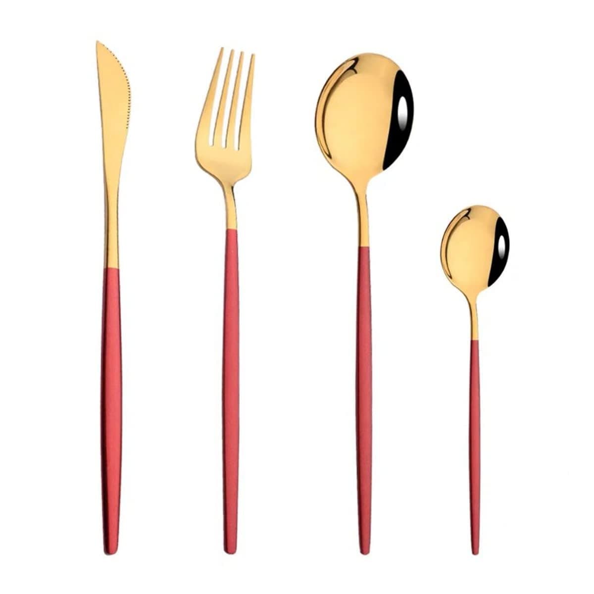 OLWICK Set of 4 Stainless Steel Cutlery Set of Spoon Fork Knife with Handle Contains Table Spoon Tea Spoon Fork Knife GoldRED