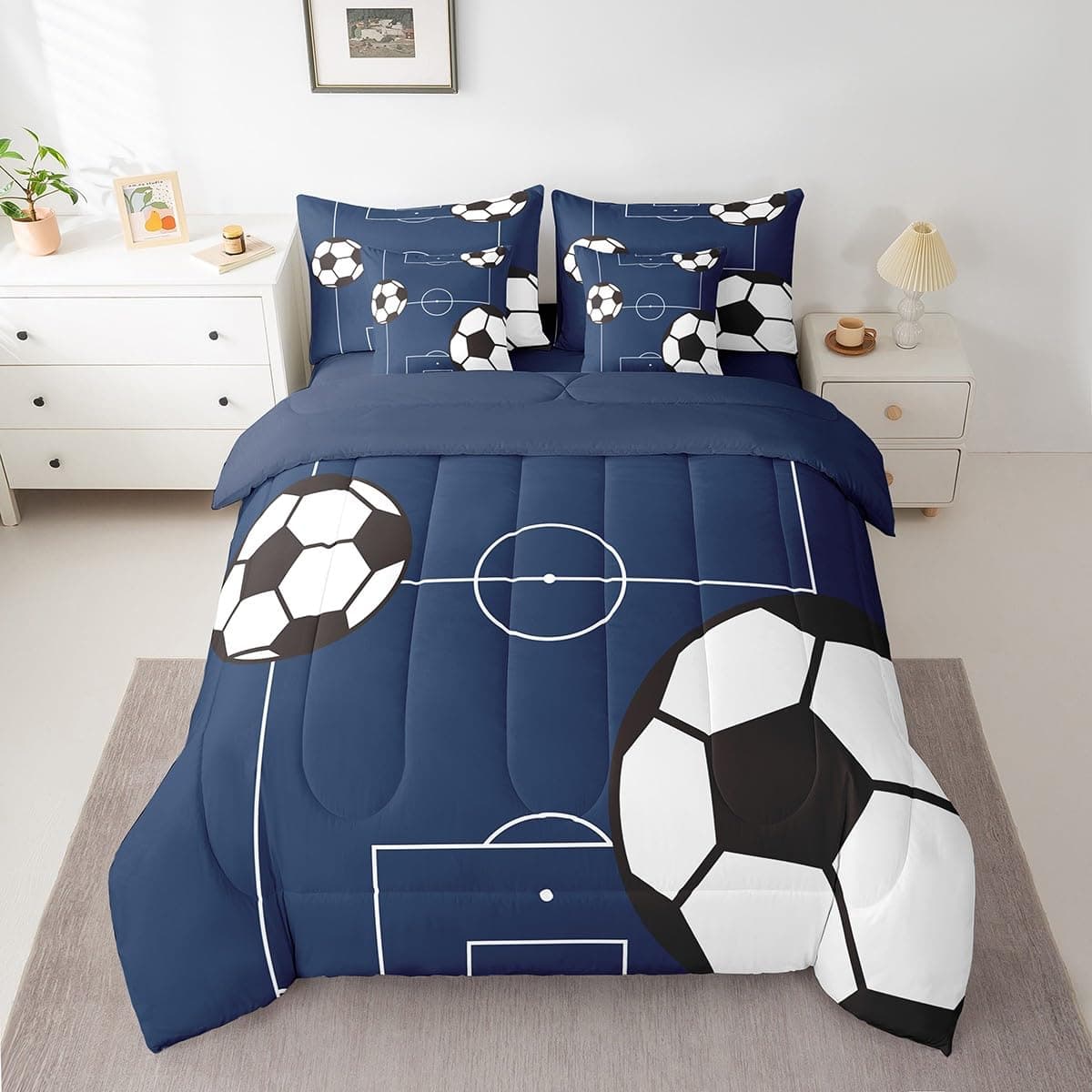 Feelyou Football Bedding Set Queen Size 7 Pieces Kids Soccer Ball Pattern for Boys Girls Teens Sports Theme Football Court Bed in a Bag with Comforter Sheets Pillowcases Cushion Cover