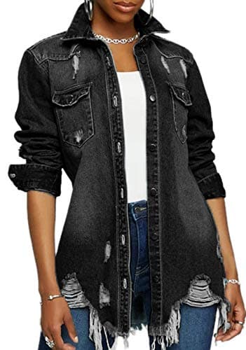 LaiyiVic Jean Jacket Women Distressed Ripped Long Sleeve Oversized Denim Jackets(Black9642,XL)