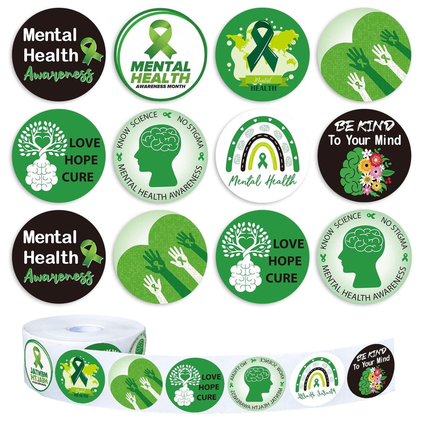 Whaline 1000Pcs Mental Health Awareness Stickers Green Ribbon Awareness Decals Inspirational Postive SelfAdhesive Stickers for Adult Teens Fundraiser Event Mental Health Handout Supplies 8 Design