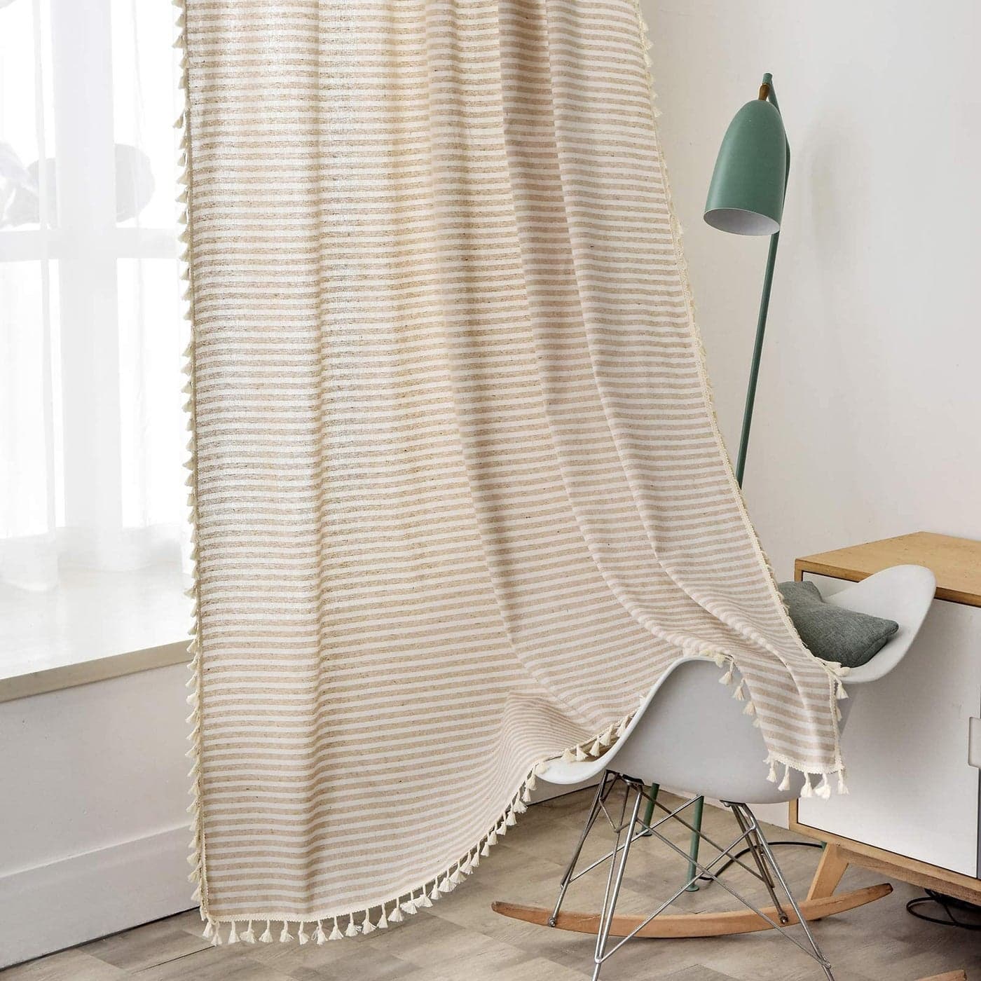 ColorBird Striped Farmhouse Curtains for Living Room 2 Panels Cotton Linen Room Darkening Curtains 63 inch Length Tassel Beige Rod Pocket Window Drapes for Dining Nursery Doorway