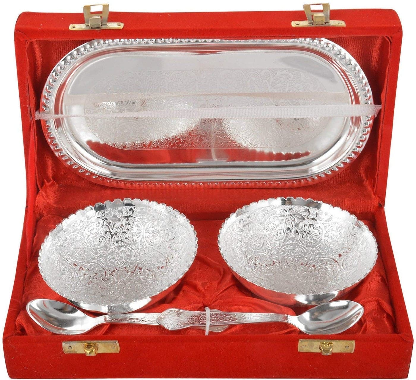 R Ayurveda Copper Handmade Metal Dessert Bowls, 5-Piece,Silver Plated Bowl Set with Tray Spoons and Velvet Box for Festive Wedding Return Gift Item