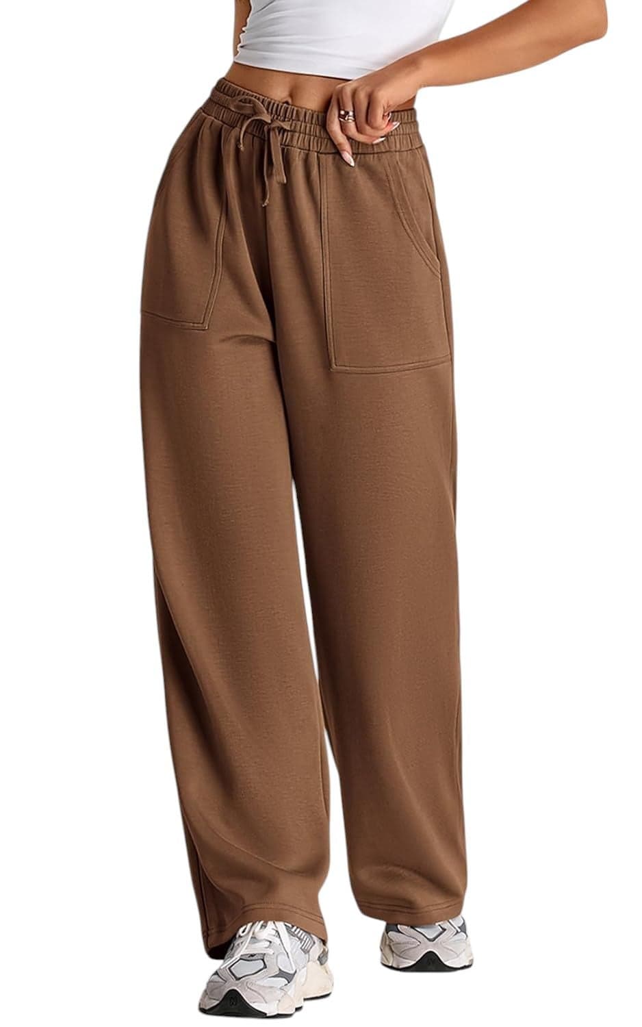Q - RIOUS Women's Wide Leg High Waisted Baggy Lounge Sweat Pants Drawstring Athletic Flared Joggers with Pockets (Brown_28)