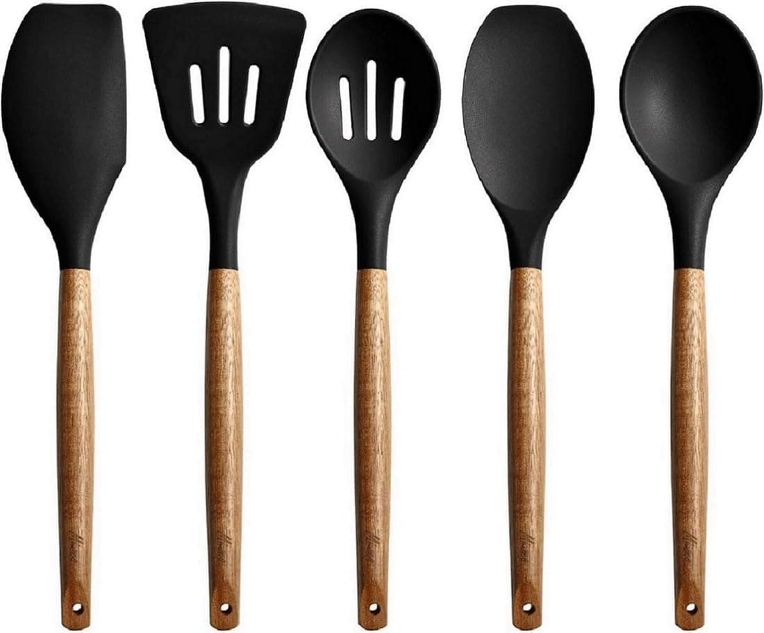 ZILLTOYIN 5 pcs Black Wooden spatulla Set Kitchen Cooking Utensils with Wooden Handle Kitchen Spatula Cookware Utensils Set Heat Resistant Silicone Kitchen Gadgets Black