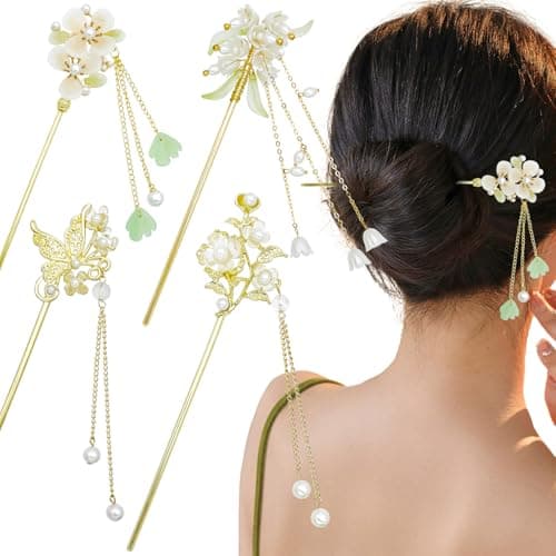 4 Pack Lily of the Valley Chinese Hair Sticks for Buns Retro Vintage Asian Japanese Hair Chopsticks Pearl Flower Gold Metal Pins Hanfu Dangle Tassel Pendant Forks Chignon Hair Accessories for Women