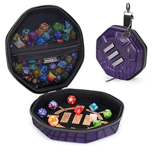 ENHANCE DND Dice Tray and Case Collectors Edition DND Dice Holder up to 150 DD Shakers with Hard Shell Exterior and Protective Soft Interior Rolling Tray Perfect for Game Night Dragon Purple