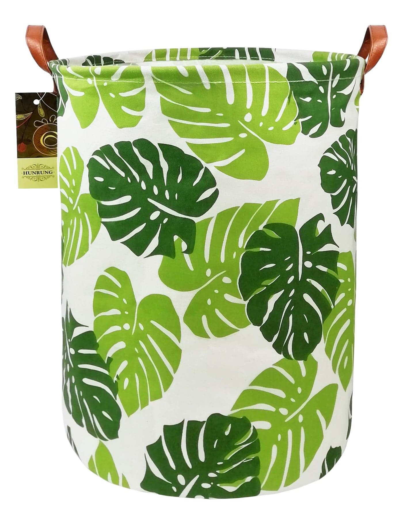 HUNRUNG Laundry HamperLarge Canvas Fabric Lightweight Storage Basket Toy Organizer Dirty Clothes Collapsible Waterproof for College Dorms Children BedroomBathroom Round Leaf