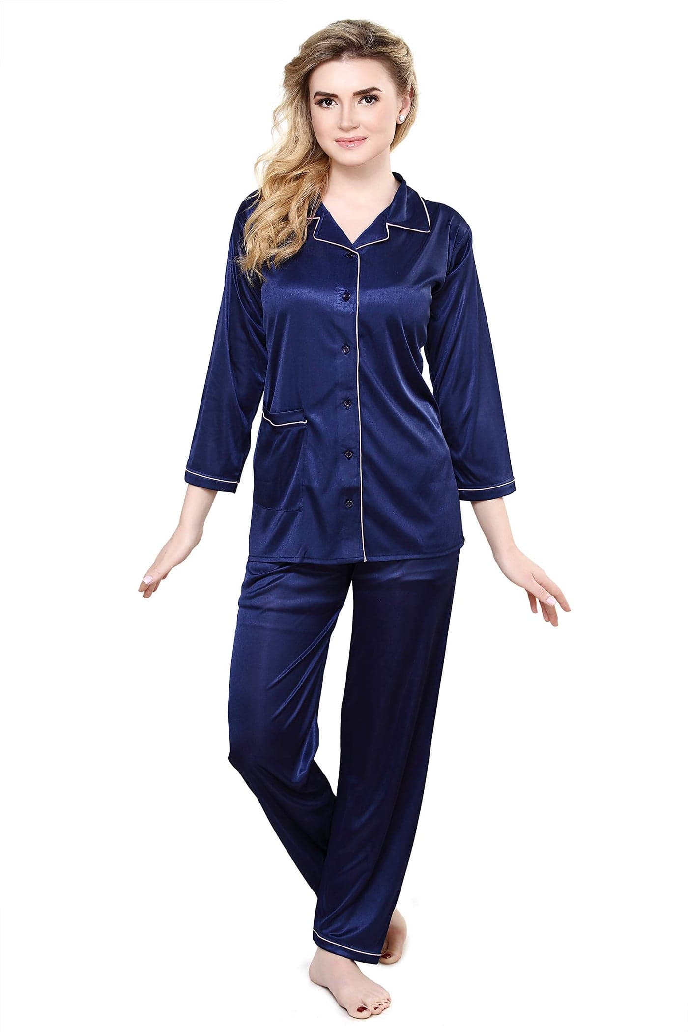 TIGYWIGY Women's Satin Plain/Solid Top And Pajama Set Pack Of 1 (2000_Navy Blue_X-Large)