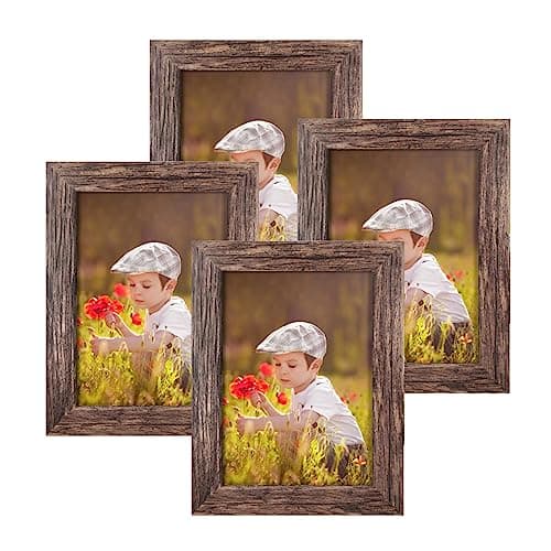 Q.Hou 5x7 Picture Frame Wood Pattern Rustic Brown Photo Frames Packs 4 with High Definition Plexiglass for Tabletop or Wall Decor (QH-PF5X7-BR)