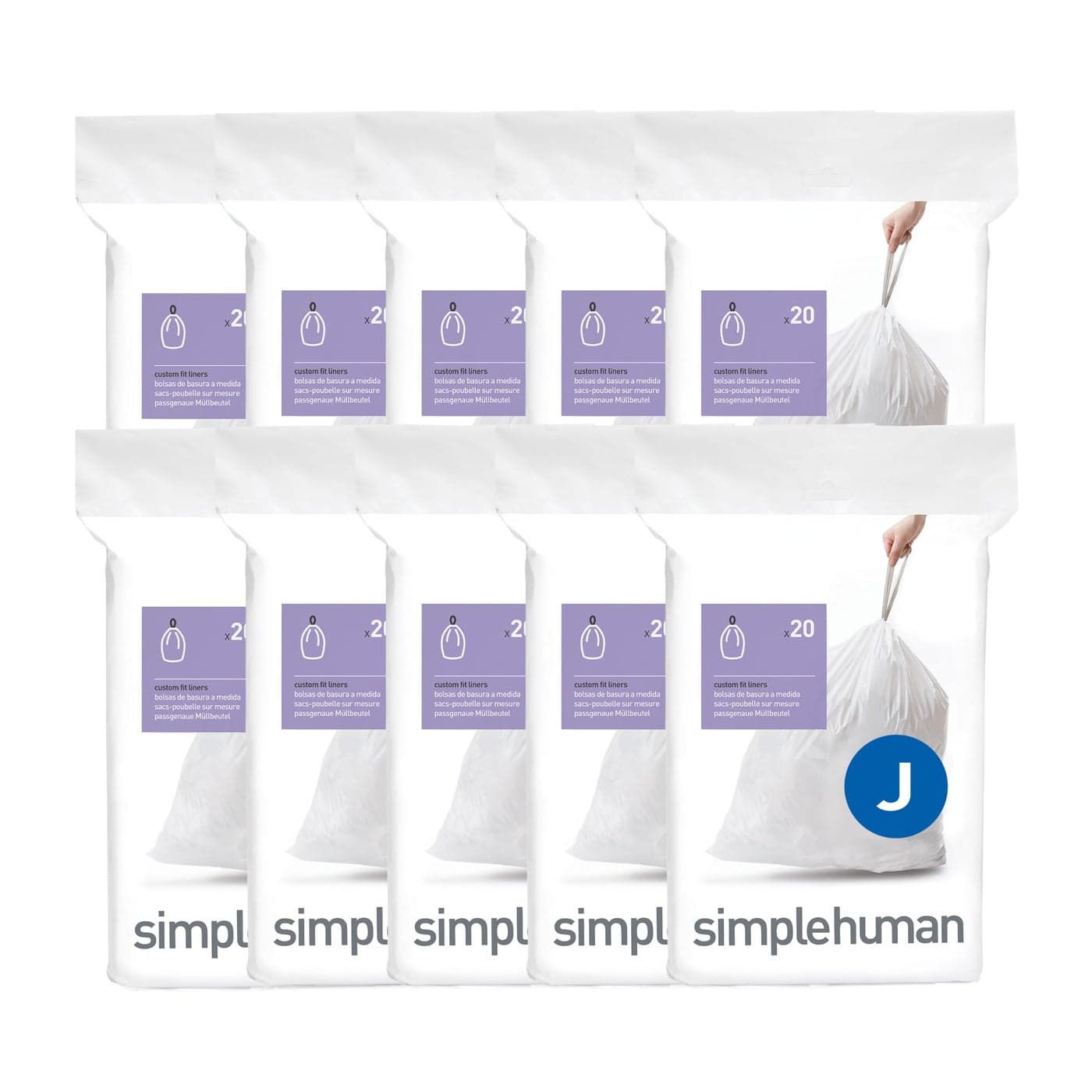 simplehuman Code J 200 Count Dispenser Pack Custom Fit Liners Drawstring Trash Bags 3045 Liter 812 Gallon White