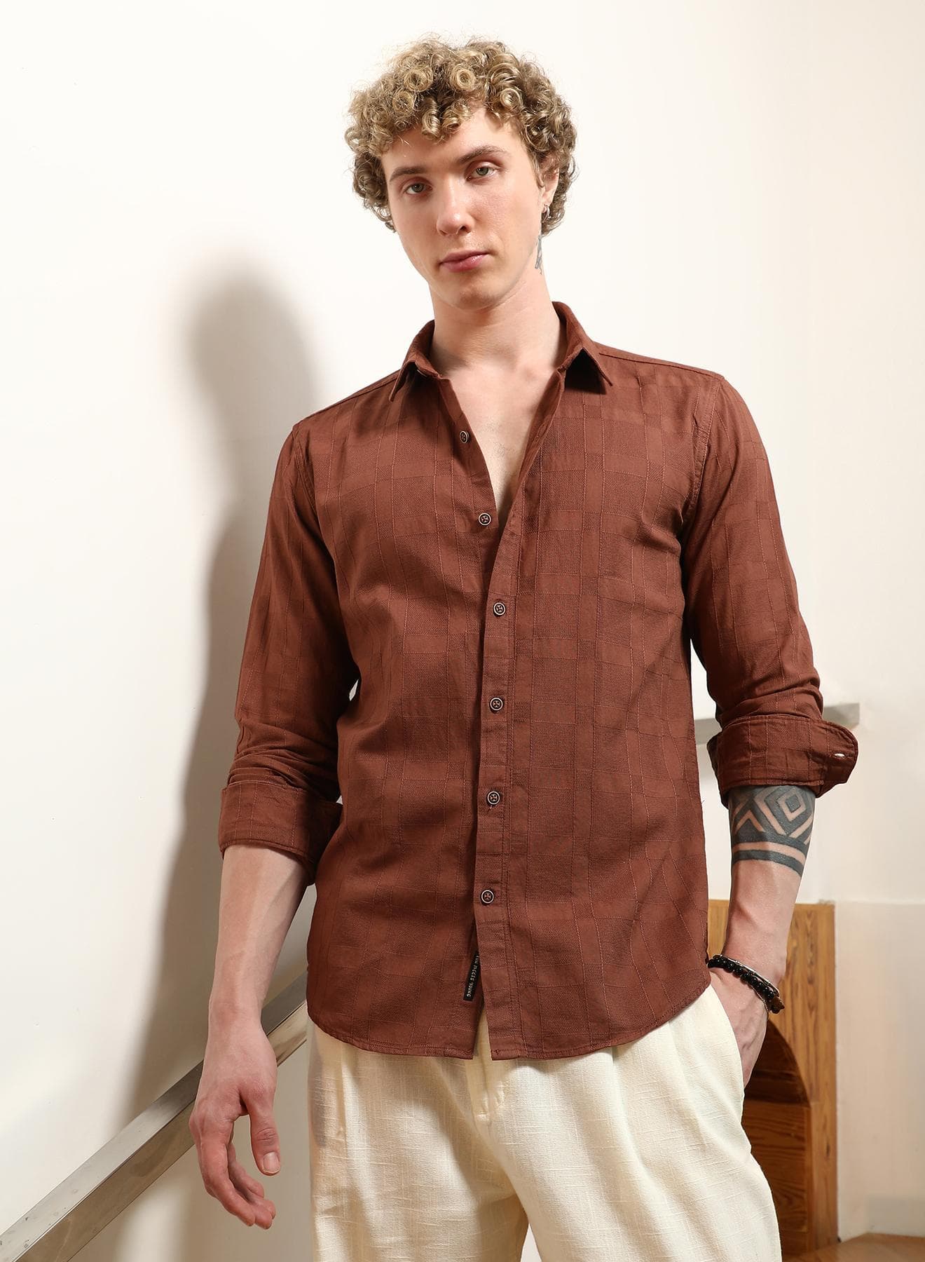 Men's Terracotta Textured Cotton Shirt With Point Collar