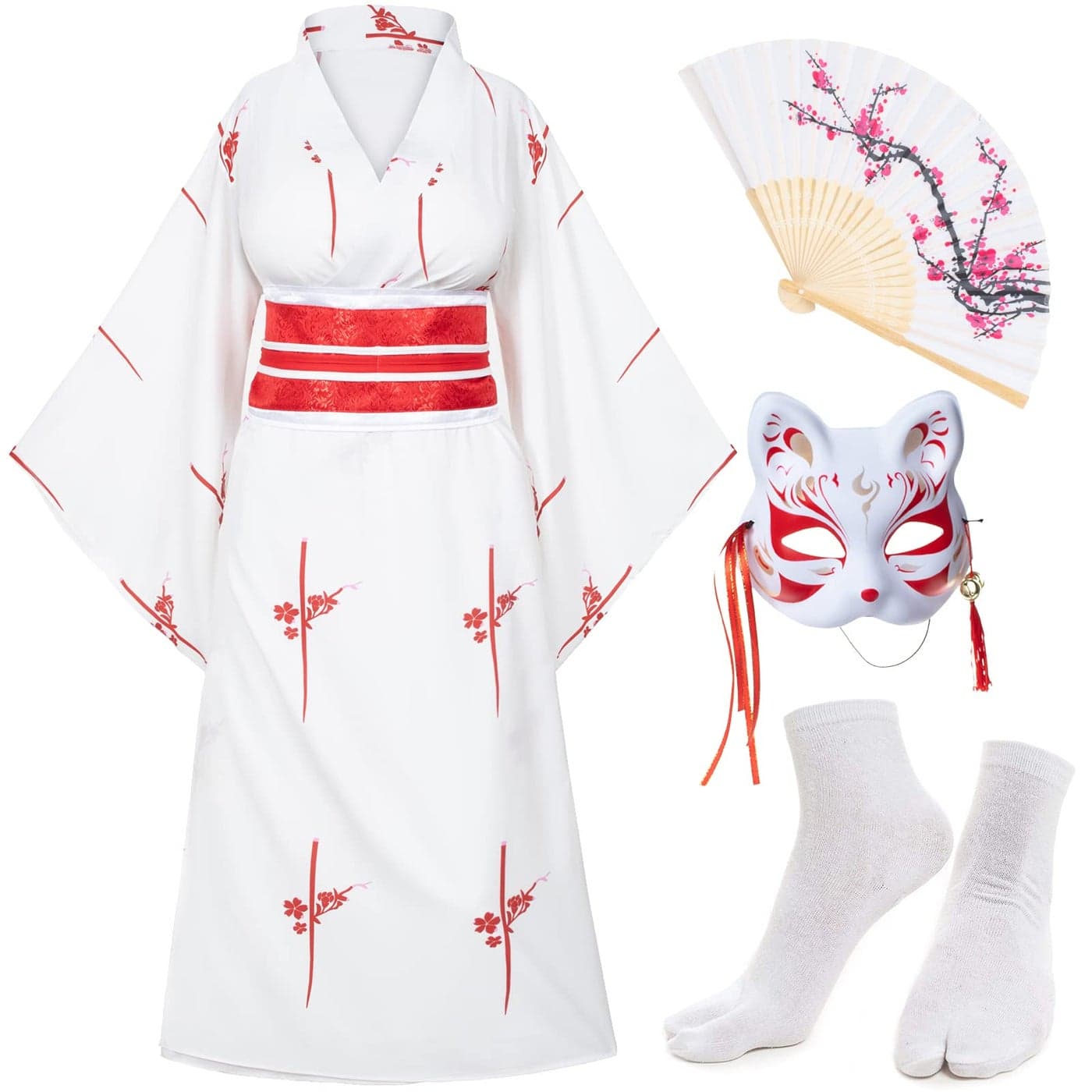 Japanese Anime Womens Kimono Robe Geisha Yukata Sweet Dress Blossom Satin Bathrobe Sleepwear Fans Tabi Socks Set White Sakura