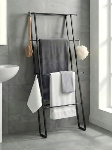 CANYAVE Metal Leaning Ladder Towel Rack, 4-Tier Blanket Stand for Bathroom Living Room, No Drilling Quilt Storage Organizer (Matte Black)