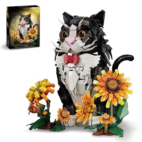 ZONECYTD Tuxedo Cat Building Set with Sunflowers for Adults Ages 14 Compatible with Lego Animal Kit for Home Living Room or Bedroom Decor Black 1434PCS