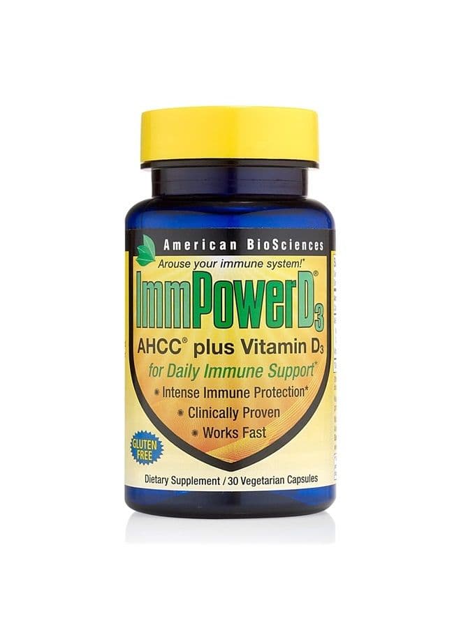 ImmpowerD3 AHCC Mushroom Extract Plus Vitamin D3 - Immune System Support for Adults - Supports Cytokine Function - 30 Vegetarian Capsules, 500mg/capsule