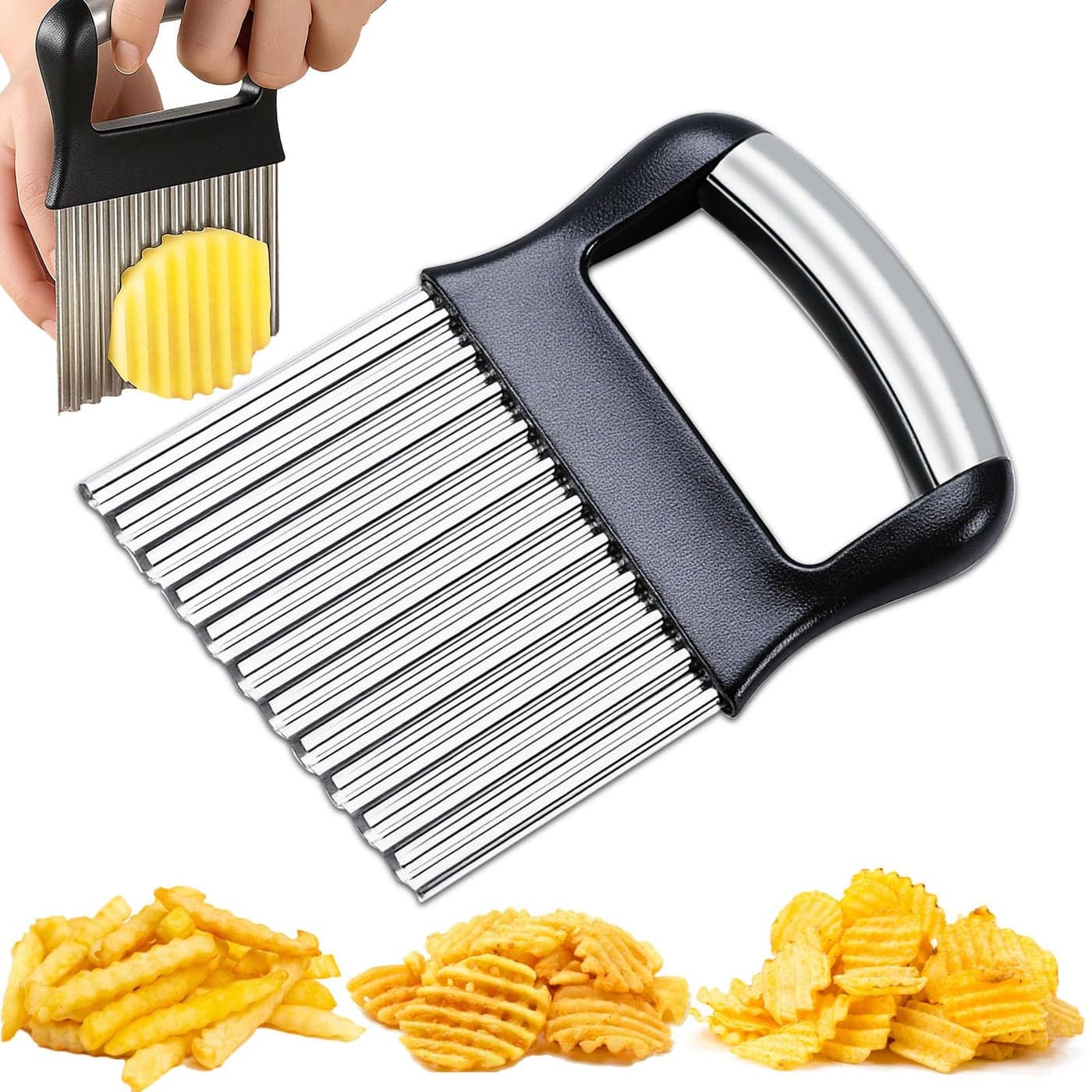 FANTEXY Crinkle Cutter for Veggies Stainless Steel French Fry Cutter for Potatoes Cucumbers Carrots Wavy Chopper Waffle Fry Maker