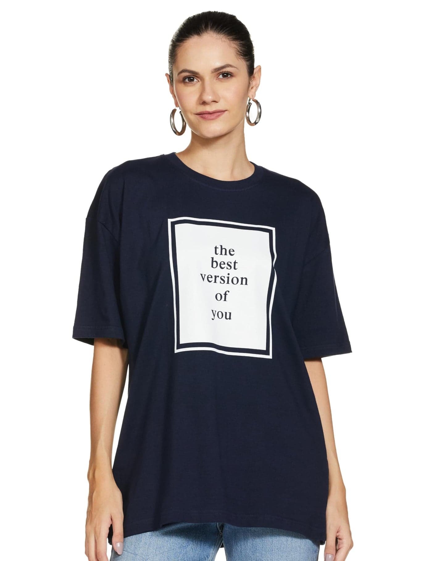 T2F Women's Printed Oversized Fit T-Shirt (WOM-DRP-TSRT-01_Navy