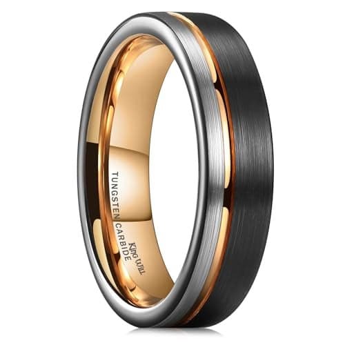 King Will Tungsten Carbide Wedding Band 6mm Rose Gold Line Ring Black and Silver Brushed Comfort Fit 13