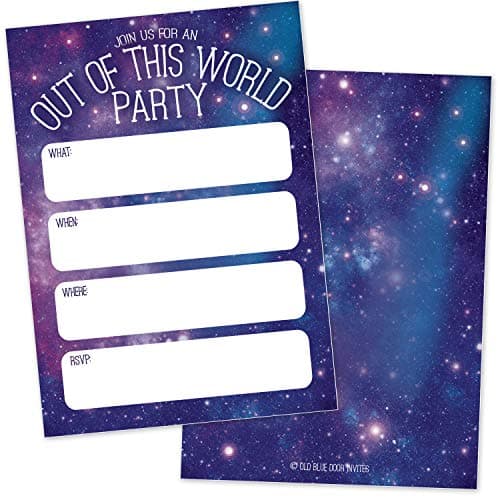 Galaxy Starry Night Birthday Party Invitations (20 Count with Envelopes) - Outer Space Party Invites - Out of This World Universe Stars Fill in the Blank Announcements for Kids and Adults