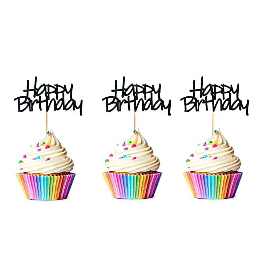 Arthsdite 24pcs Happy Birthday Cupcake Toppers PreAssembled Black Glitter Cake Food Fruit Picks for Celebrating Birthday Party Decoration Supplies