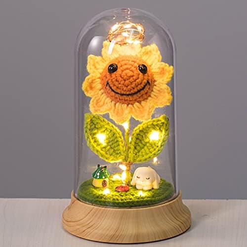 Eternal Sunflower Gifts for Women, Crochet Artificial Sun Flower Decor in Plastic Dome with Led, for Her Mom Mothers Day Birthday Anniversary Christmas Valentine Gifts (Yellow)