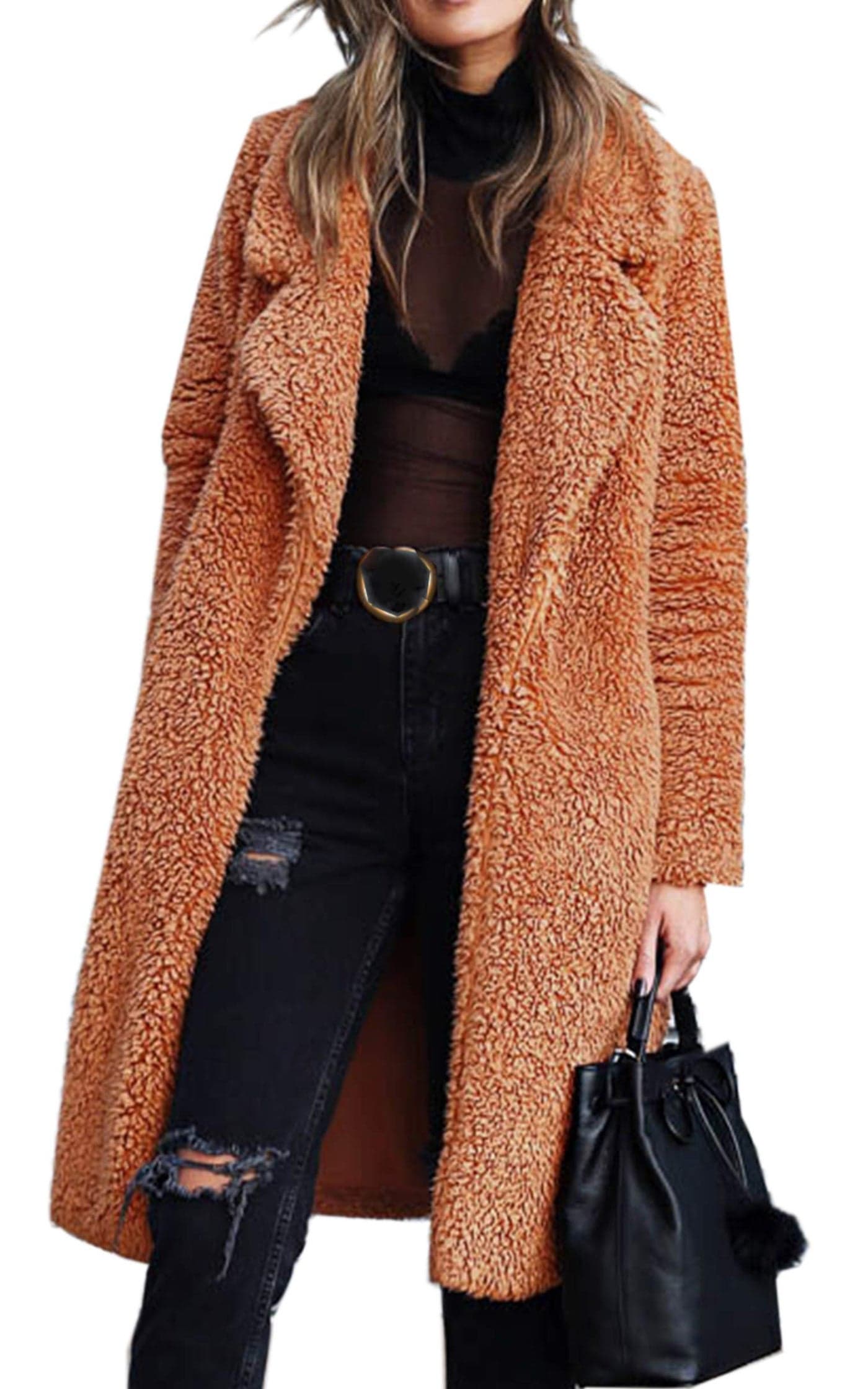 Angashion Womens Fuzzy Fleece Lapel Open Front Long Cardigan Coat Faux Fur Warm Winter Outwear Jackets Caramel L