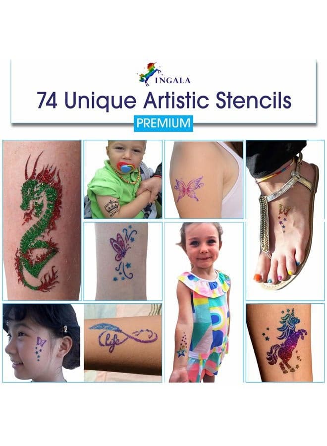 Premium Glitter Temporary Tattoo Kit for Boys and Girls, 74 Stencils, 16 Colors and 2X 0.5 fl.oz Body Glue for Body Glitter Fake Tattoos for Kids Makeup Tattoo Supplies Party Favors Party Supplies