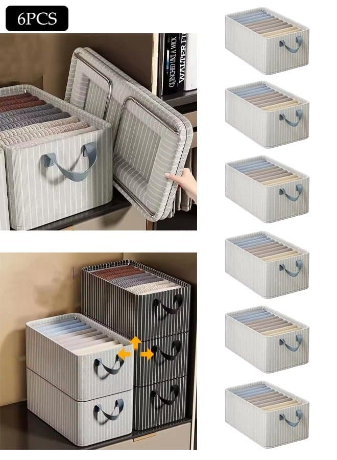 6-Piece Set, Bedroom, Clothes Storage Box, Wardrobe Storage Organizer, Large Foldable Clothing Storage Bag With Handles, And Suitable For Home Bedroom Office, Can Store Shirts, T-Shirts, Children's Jeans, Scarves, Leggings And Baby Clothes, Etc., Gray And White Stripes