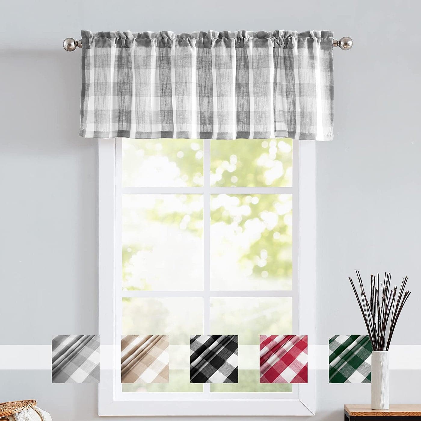 Treatmentex Grey White Buffalo Check Valance Curtains for Kitchen Window Top Plaid Farmhouse Valances for Living Room Bedroom 52 W X 15inch 1 Panel