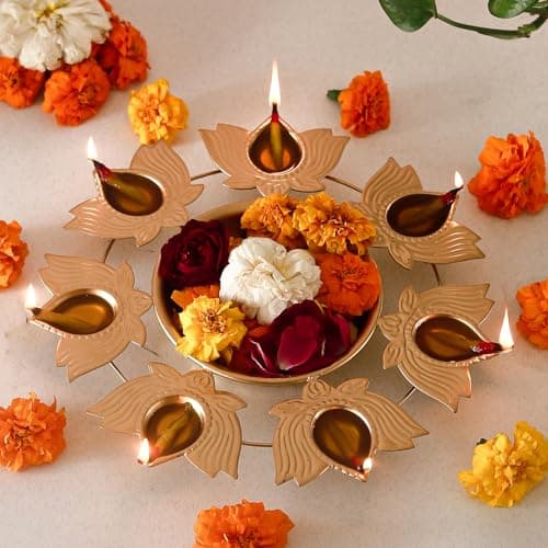 Klassic Unique and Antique 7 Lotus Diya Shape Urli Bowl | Metal, Perfect for Home Decor and a Unique Gift for Diwali, Housewarming, and Festive Celebrations (Golden, Pack of 1)