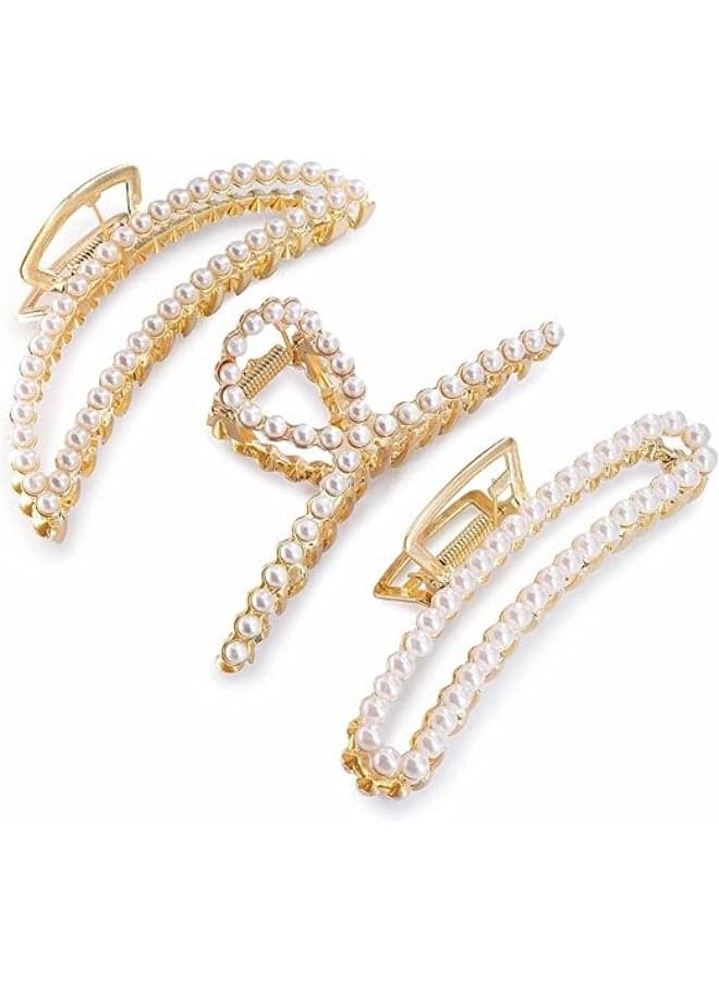 Large Pearl Hair Clips, 4.5 inch Zinc Alloy Banana Claw Clips for Thick Hair, Strong Hold Accessories for Women and Girls (3PCS)