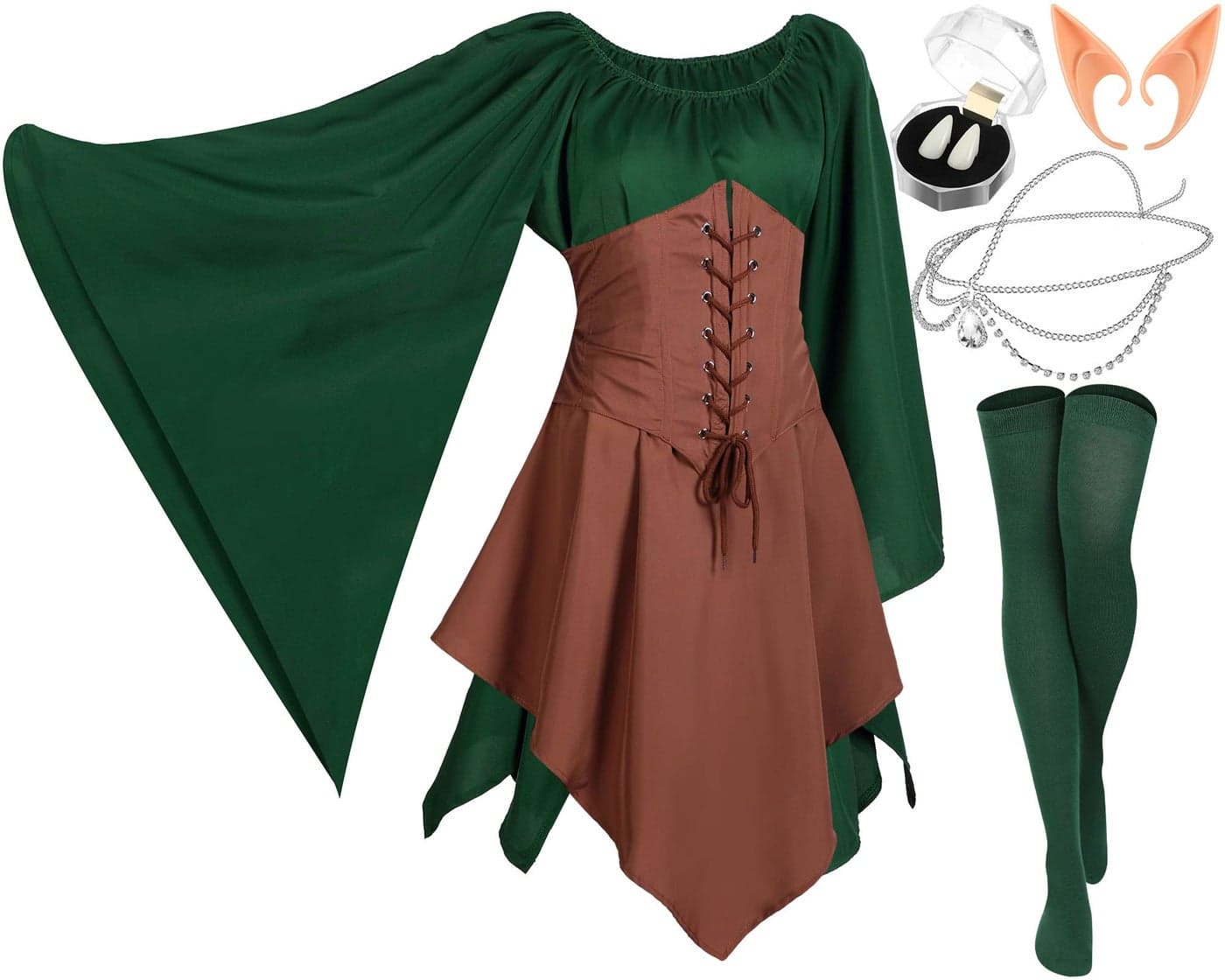 Jadive 5 Pcs Women Elf Renaissance Medieval Dress Traditional Irish Fairy Viking Costume Elf Ear for Halloween Cosplay Party(X-Small,Green, Brown)