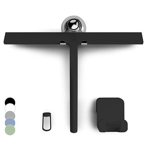 GÜTEWERK Silicone Shower Squeegee for Glass Doors & Mirrors with Stainless Steel Core, Streak-Free & No-Squeak Window Cleaning, 3-in-1 No-Drill Mount (Hook/Suction/Adhesive),Black, 13 Inches