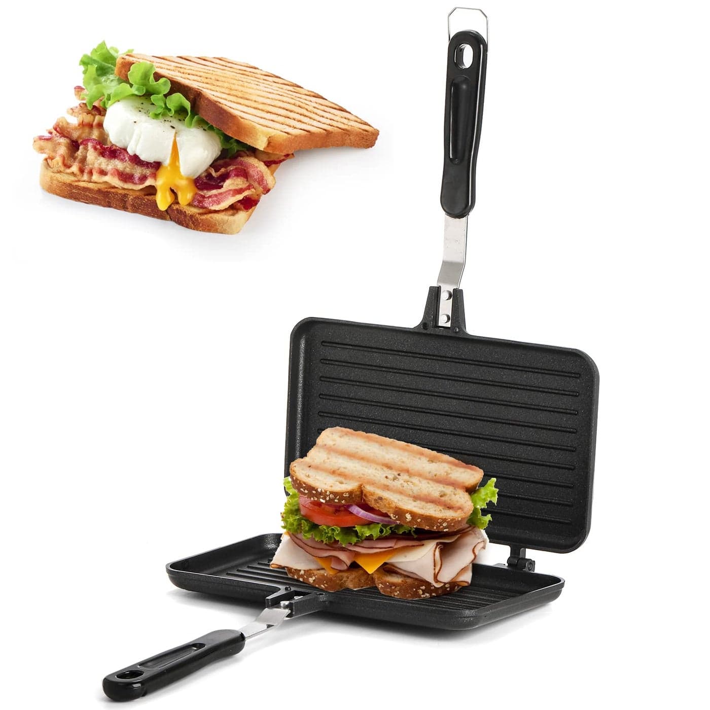 SOUJOY Sandwich Maker Nonstick Grill Panini Maker Pan with Handle Stovetop Toasted Aluminum Flip Pan Indoor Outdoor Camping Home Kitchen Breakfast