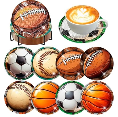 Meothan 8 Pcs Football Diamond Art Coasters Kits for Adults with Holder Cork Pads Basketball Baseball Rugby Diamond Dots Art Painting Coasters Crafts Kit for Home Office Decor 4x4in