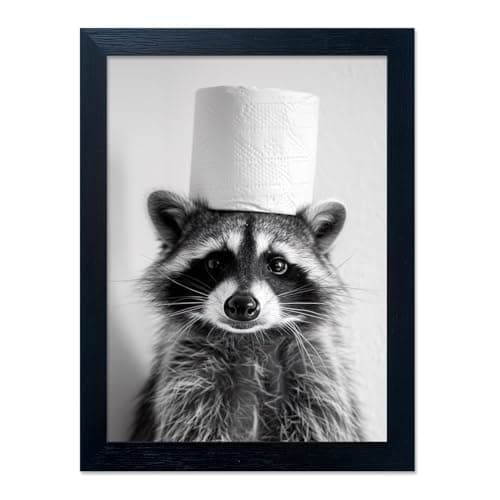 Funny Raccoon Wall Decor Bathroom Animal Wall Art Raccoon With a Toilet Paper Roll on the Head Toilet Humor Decor Framed Black and White Cute Farmhouse Picture